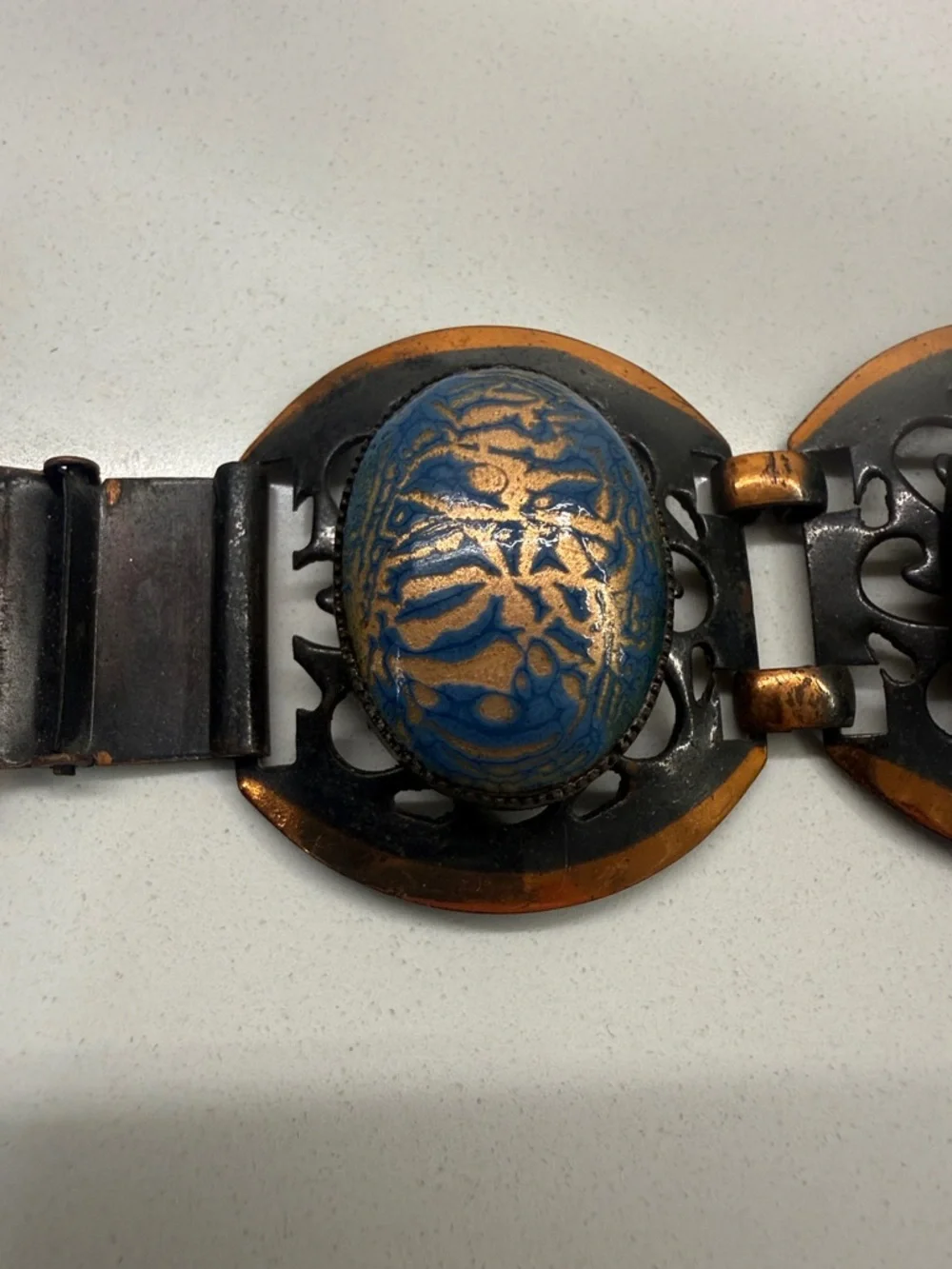 Vintage Artisan Mixed Metal Blue Cabochon Necklace & Bracelet Set
